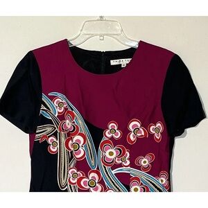 Natasha Flower Black Magenta Colorblock Short Sleeve Dress Sz 4 S